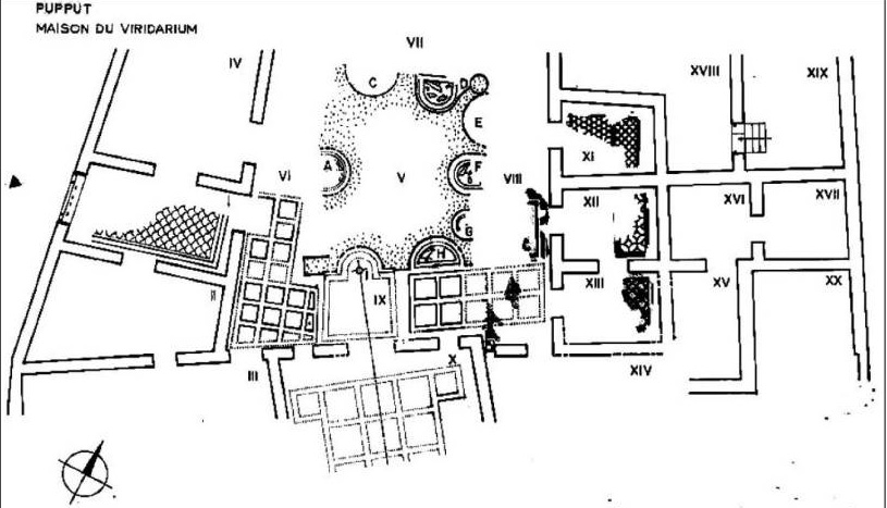 Plan de la maison du viridarium à niches (relevés de Ch. Peirce). D’après Mosaïque gréco-romaine IV, Paris, 1994, pl. CLXXI.